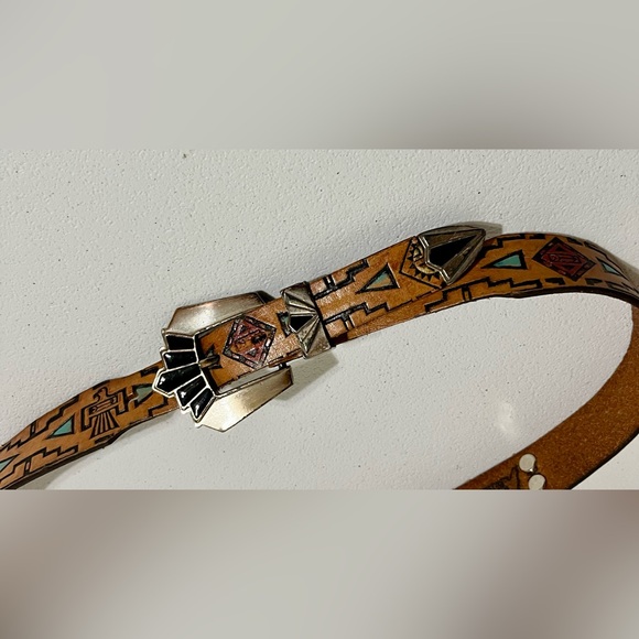 Native American Southwestern Style Tan Leather Belt with Silver Buckle - Picture 8 of 15